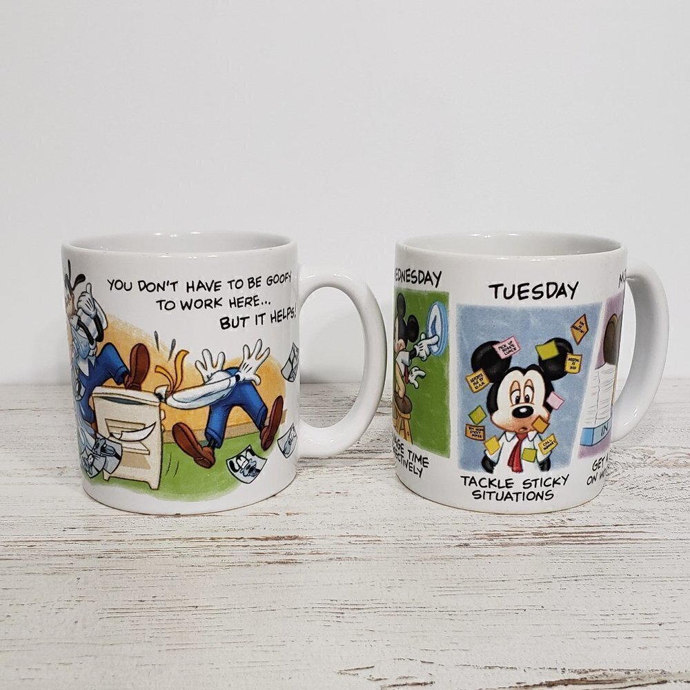 Pair of Disney Oversized Coffee Mugs  Mickey & Goofy in the Workplace / Office